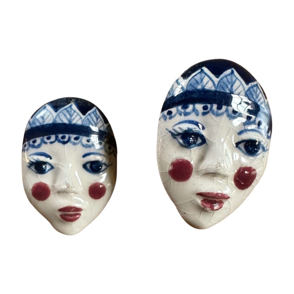 Vintage Ceramic Face Clip-On Earrings | Hand-Painted Whimsical Folk Art Jewelry - Picture 2 of 11